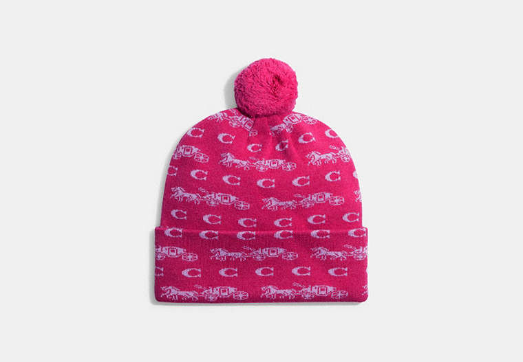COACH®,BOLD HORSE AND CARRIAGE PRINT BEANIE,wool,Hyacinth,Front View