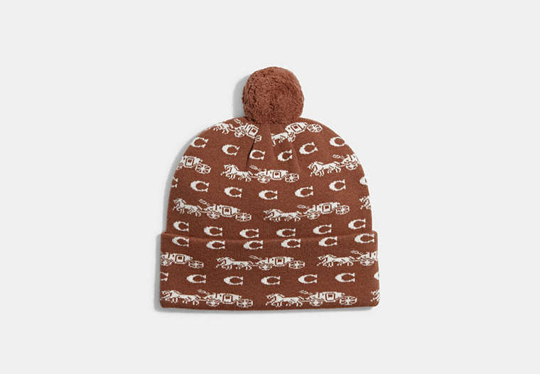 COACH®,BOLD HORSE AND CARRIAGE PRINT BEANIE,wool,Saddle,Front View
