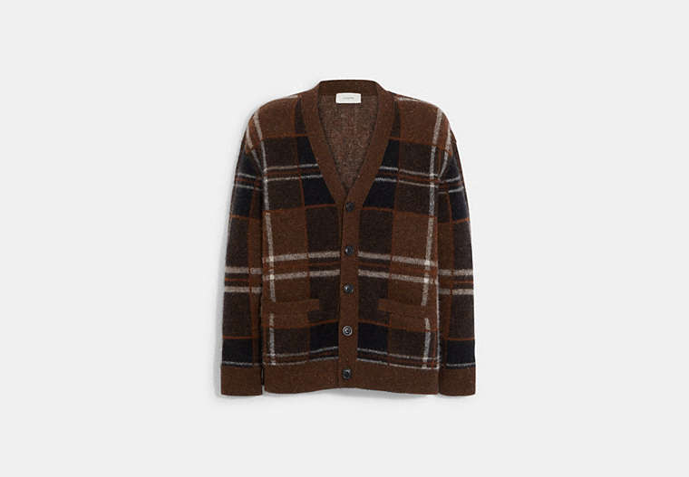 COACH®,PLAID KNIT CARDIGAN,Brown/Multi,Front View