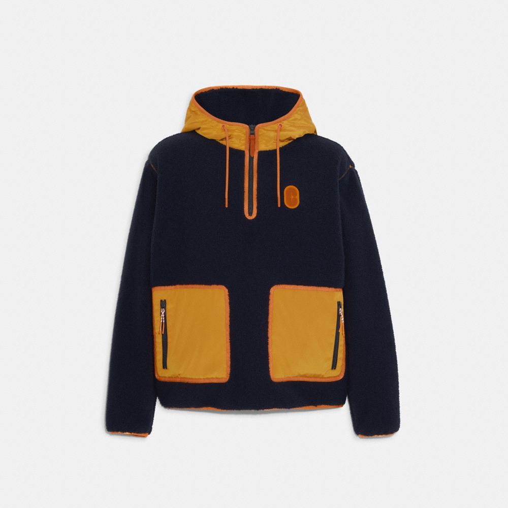 COACH®,SHERPA HALF ZIP HOODIE,Navy/Butterscotch,Front View