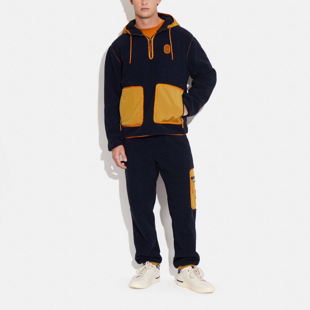 COACH®,SHERPA HALF ZIP HOODIE,Navy/Butterscotch,Scale View