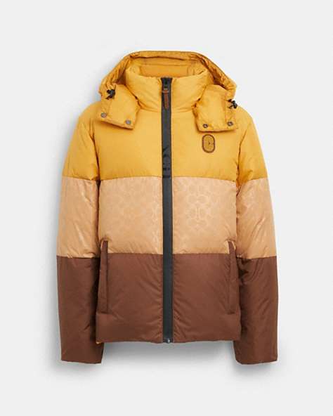 COACH®,COLORBLOCK DOWN JACKET,Polyester,Brown/Multi,Front View