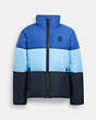 COACH®,COLORBLOCK DOWN JACKET,Royal Blue Multi,Angle View