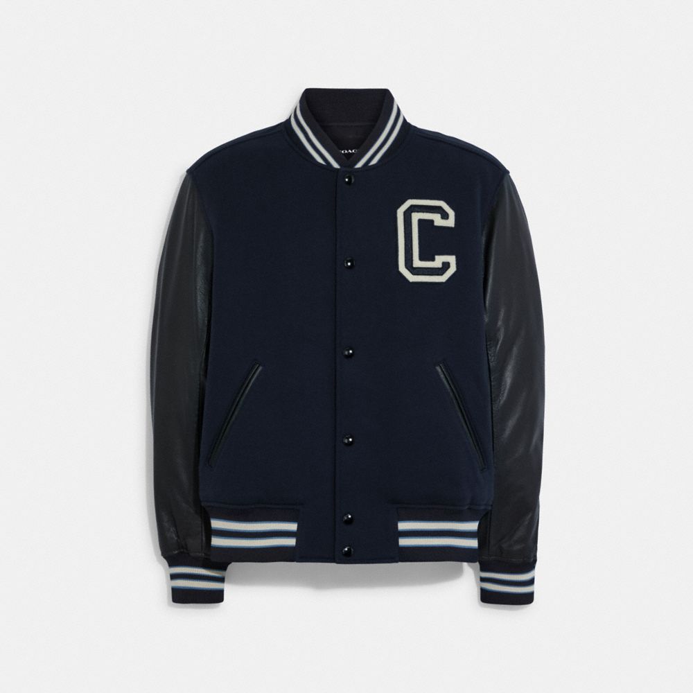COACH®,VARSITY JACKET WITH LEATHER SLEEVES,Midnight Navy,Front View