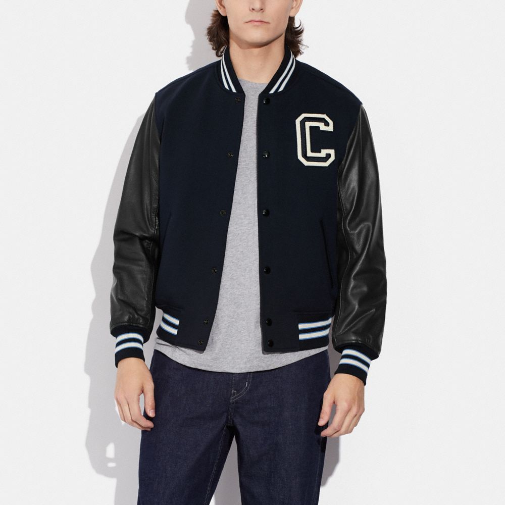 COACH®,VARSITY JACKET WITH LEATHER SLEEVES,Midnight Navy,Scale View