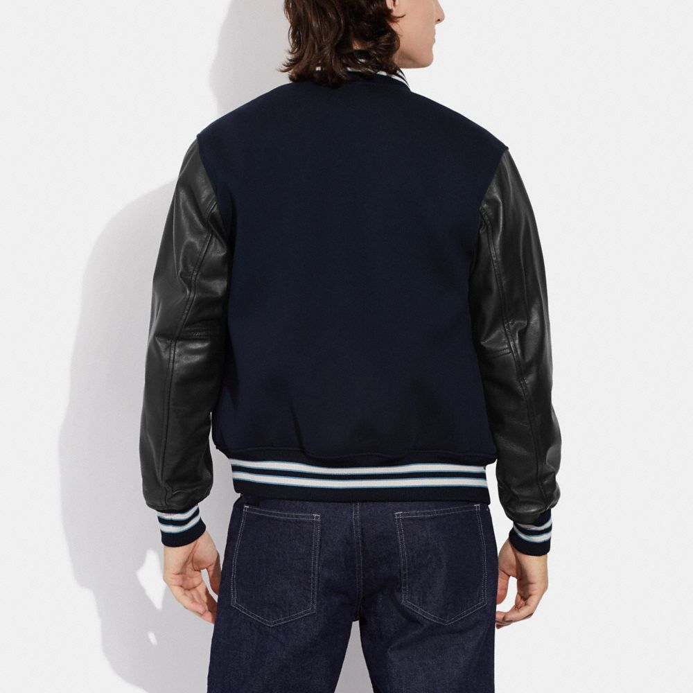 COACH®,VARSITY JACKET WITH LEATHER SLEEVES,Midnight Navy,Scale View