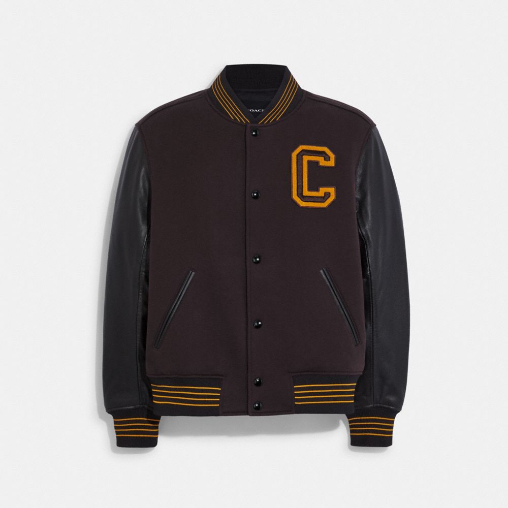 COACH®,VARSITY JACKET WITH LEATHER SLEEVES,Oxblood,Front View