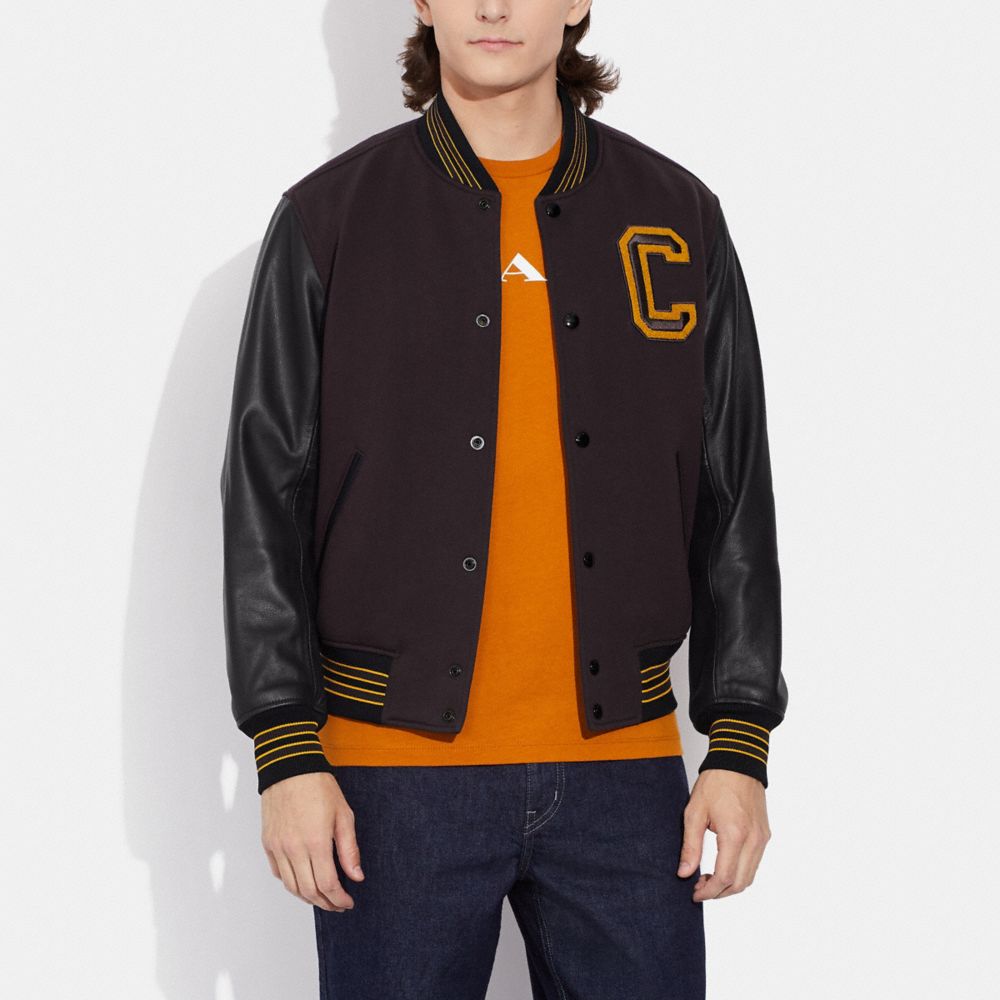 COACH®,VARSITY JACKET WITH LEATHER SLEEVES,Oxblood,Scale View