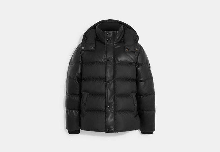 COACH®,LEATHER PUFFER DOWN JACKET,Leather,Black,Front View