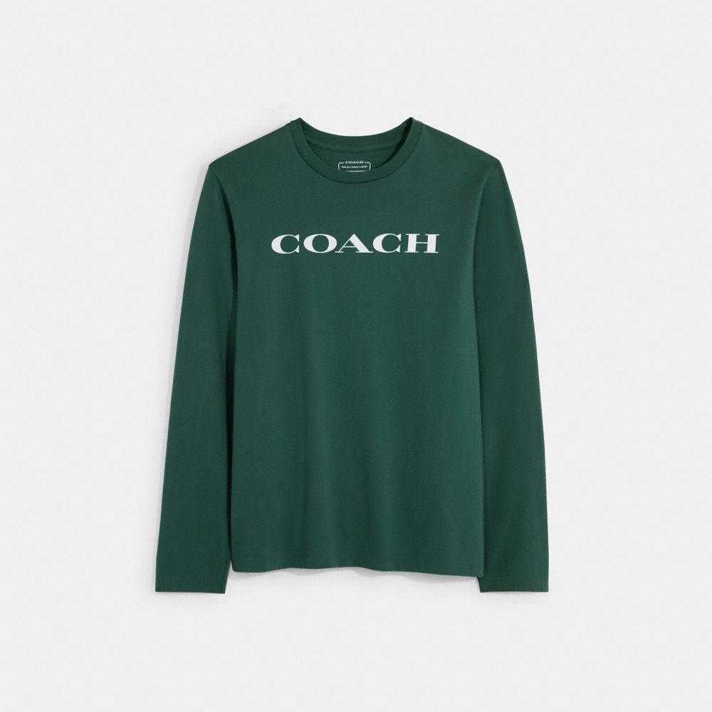 COACH®,ESSENTIAL LONG SLEEVE T-SHIRT IN ORGANIC COTTON,Hunter Green,Front View