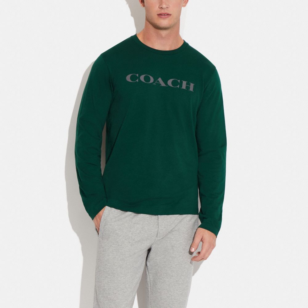 COACH®,Essential Long Sleeve T Shirt In Organic Cotton,Organic Cotton,T Shirt,Logo,Word Embellishment,Casual,Emerald,Scale View
