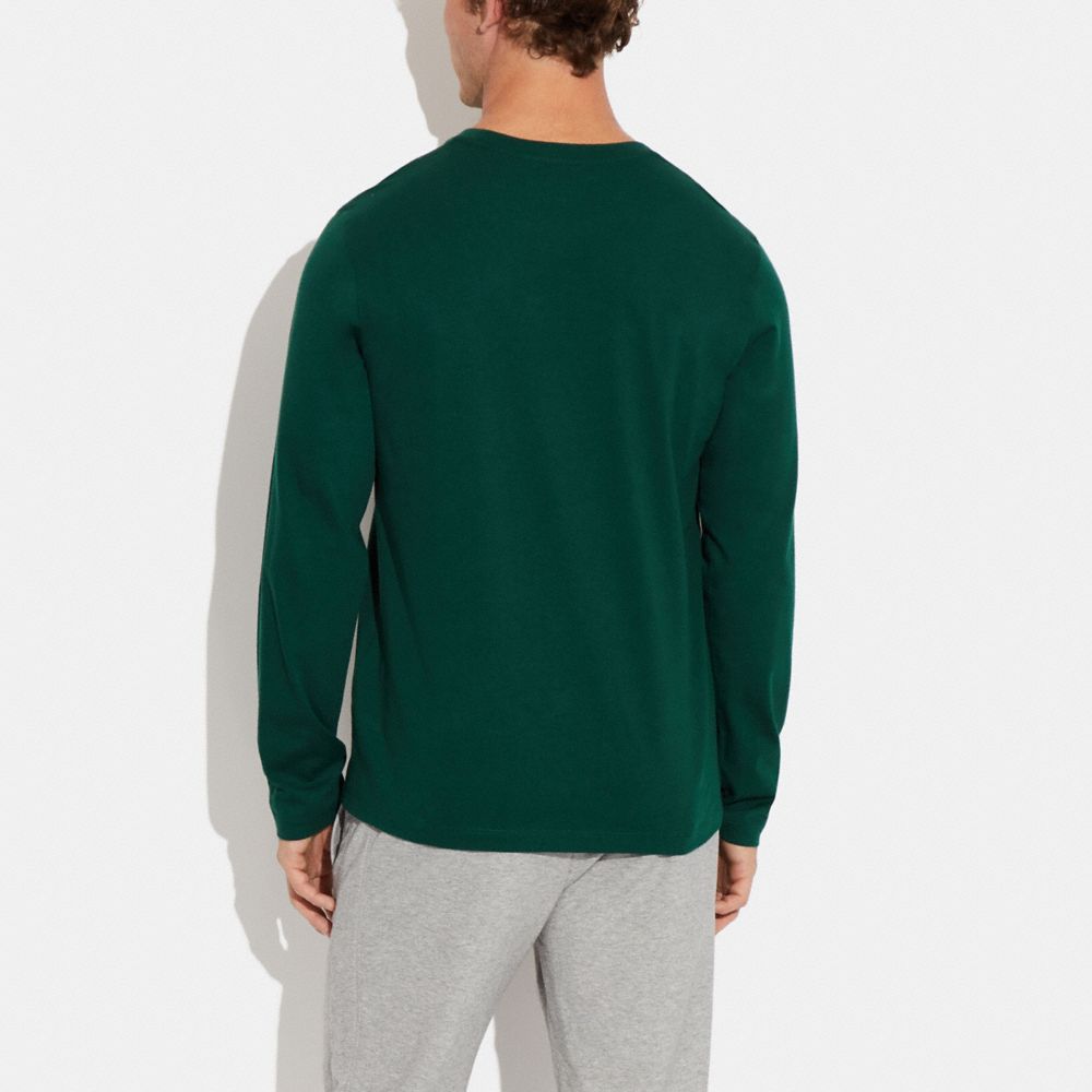 COACH®,Essential Long Sleeve T Shirt In Organic Cotton,Organic Cotton,T Shirt,Logo,Word Embellishment,Casual,Emerald,Scale View