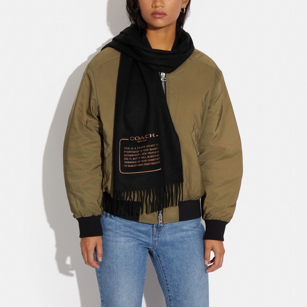 COACH®,EMBROIDERED PATCH CASHMERE MUFFLER,Black,Detail View