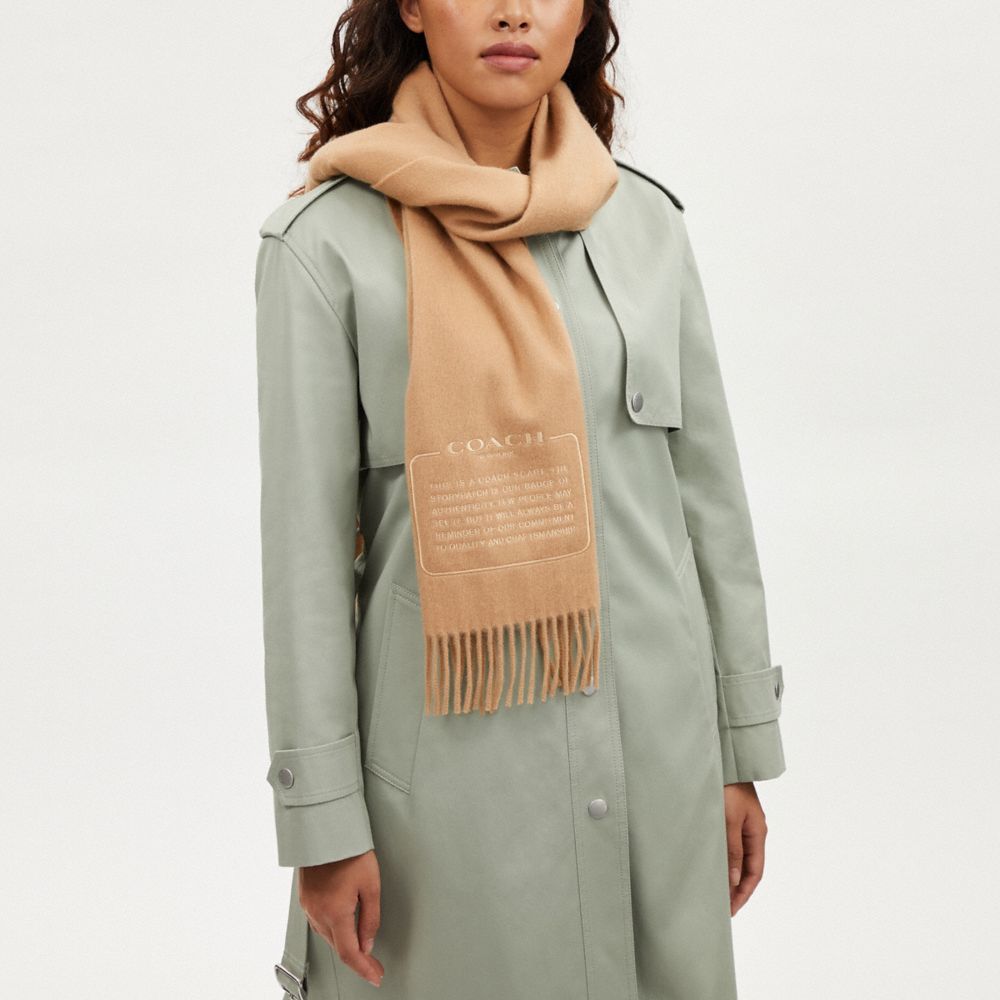 COACH®,EMBROIDERED PATCH CASHMERE MUFFLER,Camel/Camel,Detail View
