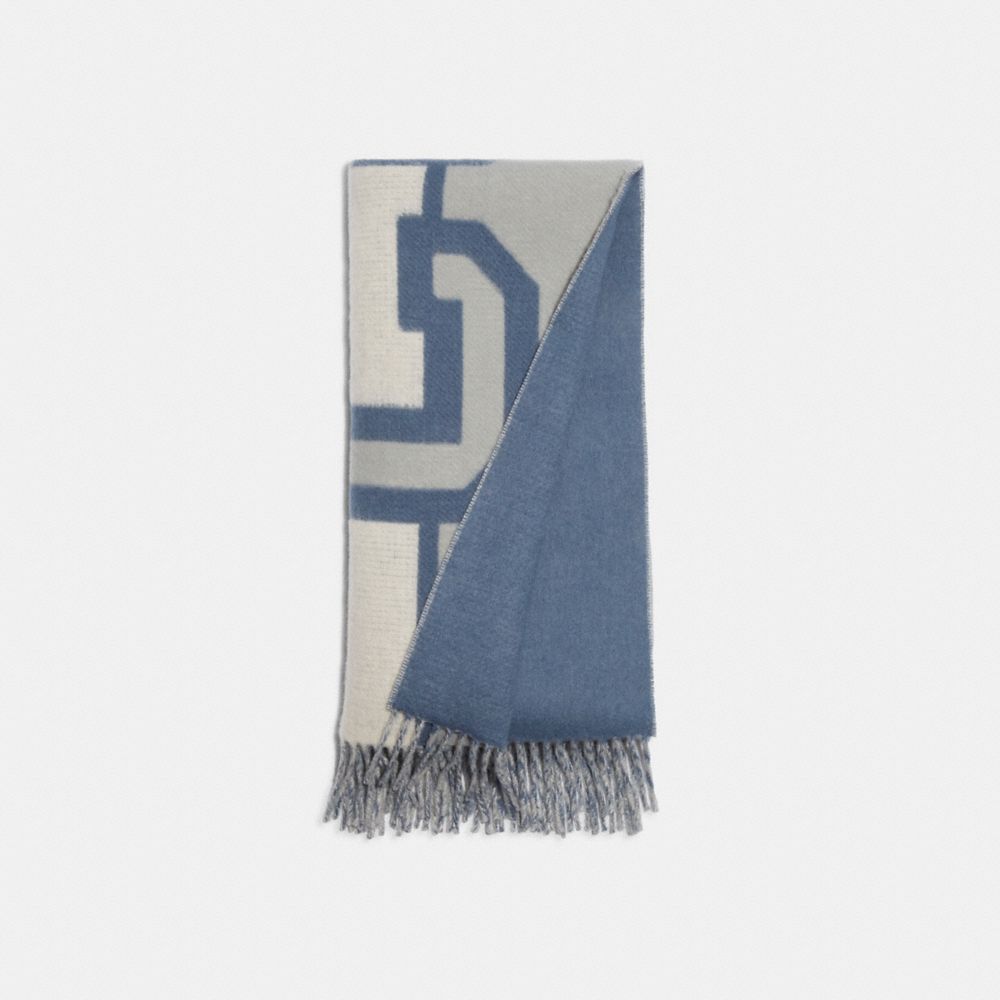 COACH®,REVERSIBLE COLORBLOCK VARSITY PRINT OVERSIZED MUFFLER,Indigo,Angle View