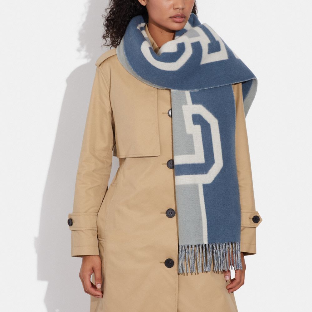 COACH®,REVERSIBLE COLORBLOCK VARSITY PRINT OVERSIZED MUFFLER,Indigo,Detail View