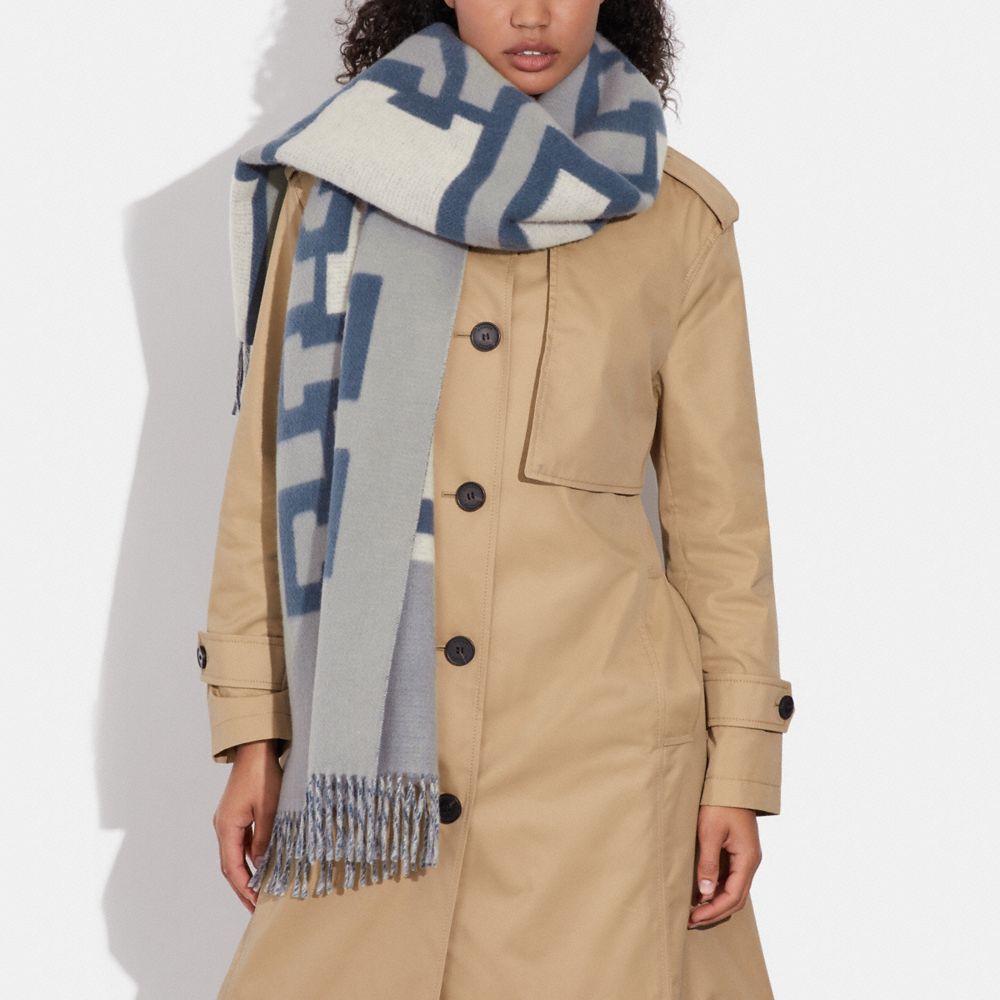 COACH®,Reversible Colorblock Varsity Print Oversized Muffler,Wool,Rectangle,Logo,Word Embellishment,Fringe,Color Block,Casual,Multi Color,Detail View