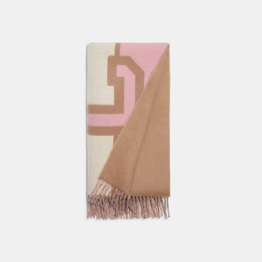 COACH®,REVERSIBLE COLORBLOCK VARSITY PRINT OVERSIZED MUFFLER,Taupe,Angle View