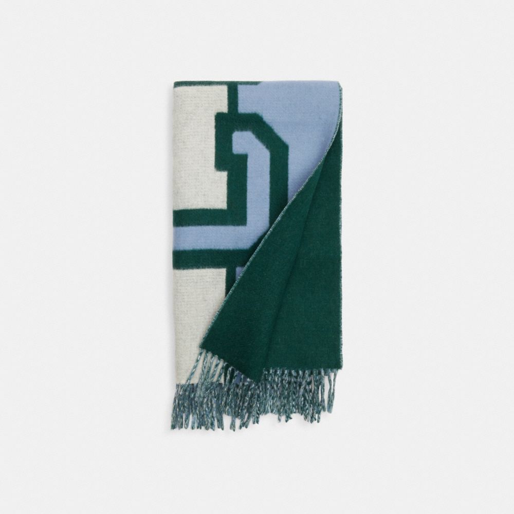 COACH®,Reversible Colorblock Varsity Print Oversized Muffler,Wool,Rectangle,Logo,Word Embellishment,Fringe,Color Block,Casual,Multi Color,Angle View