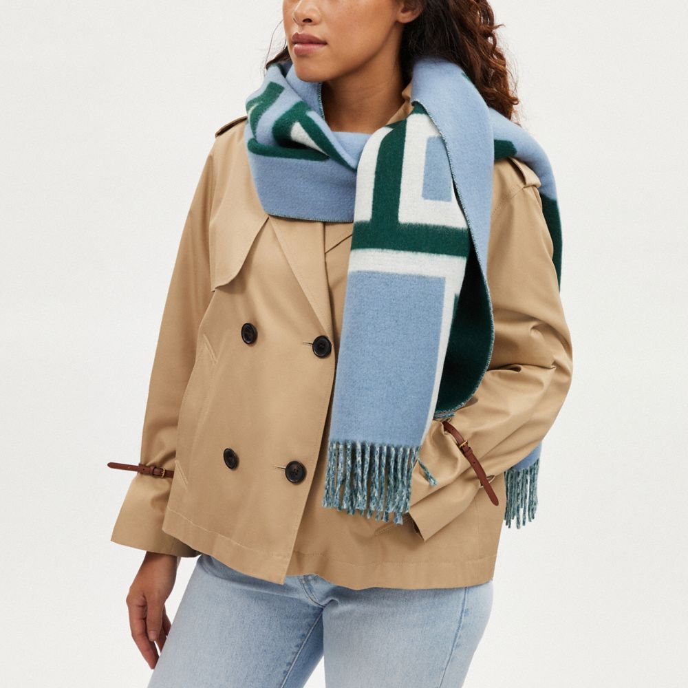 COACH®,Reversible Colorblock Varsity Print Oversized Muffler,Wool,Rectangle,Logo,Word Embellishment,Fringe,Color Block,Casual,Multi Color,Detail View