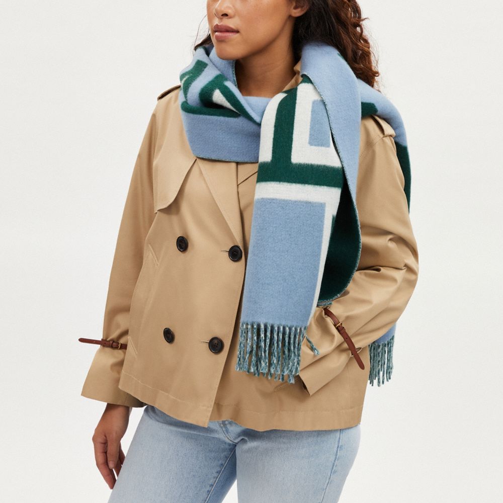 COACH®,REVERSIBLE COLORBLOCK VARSITY PRINT OVERSIZED MUFFLER,Mist 2,Detail View