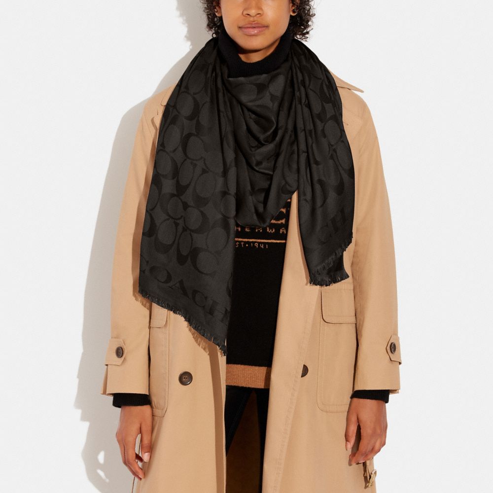 COACH®,Signature Stole,Cotton,Silk,Rectangle,Logo,Frayed,Casual,Black,Detail View