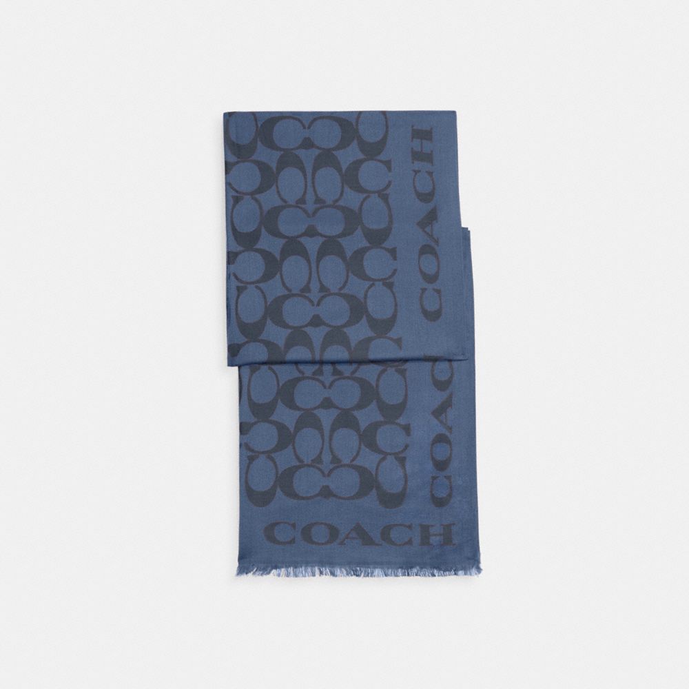 COACH®,SIGNATURE STOLE,Silk,Deep Blue,Front View