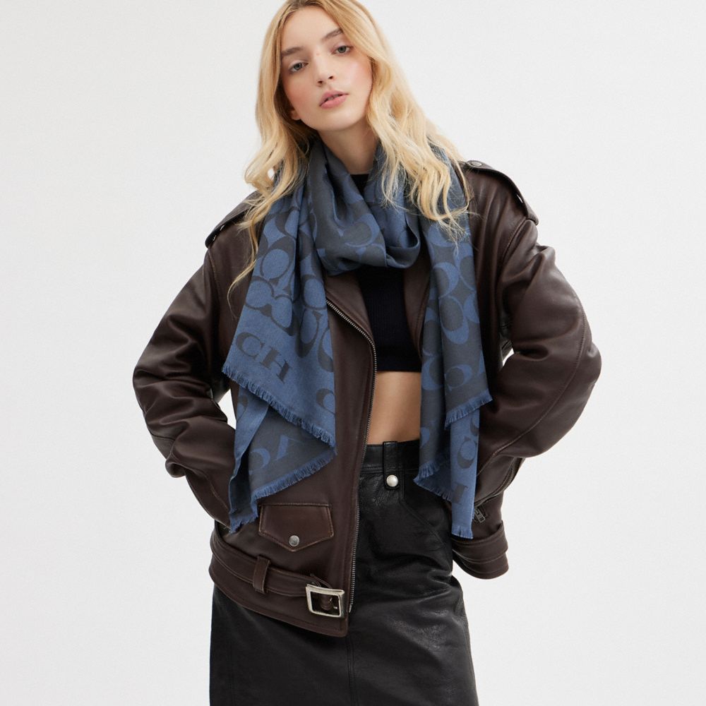 COACH®,Signature Stole,Cotton,Silk,Rectangle,Frayed,Casual,Blue,Detail View