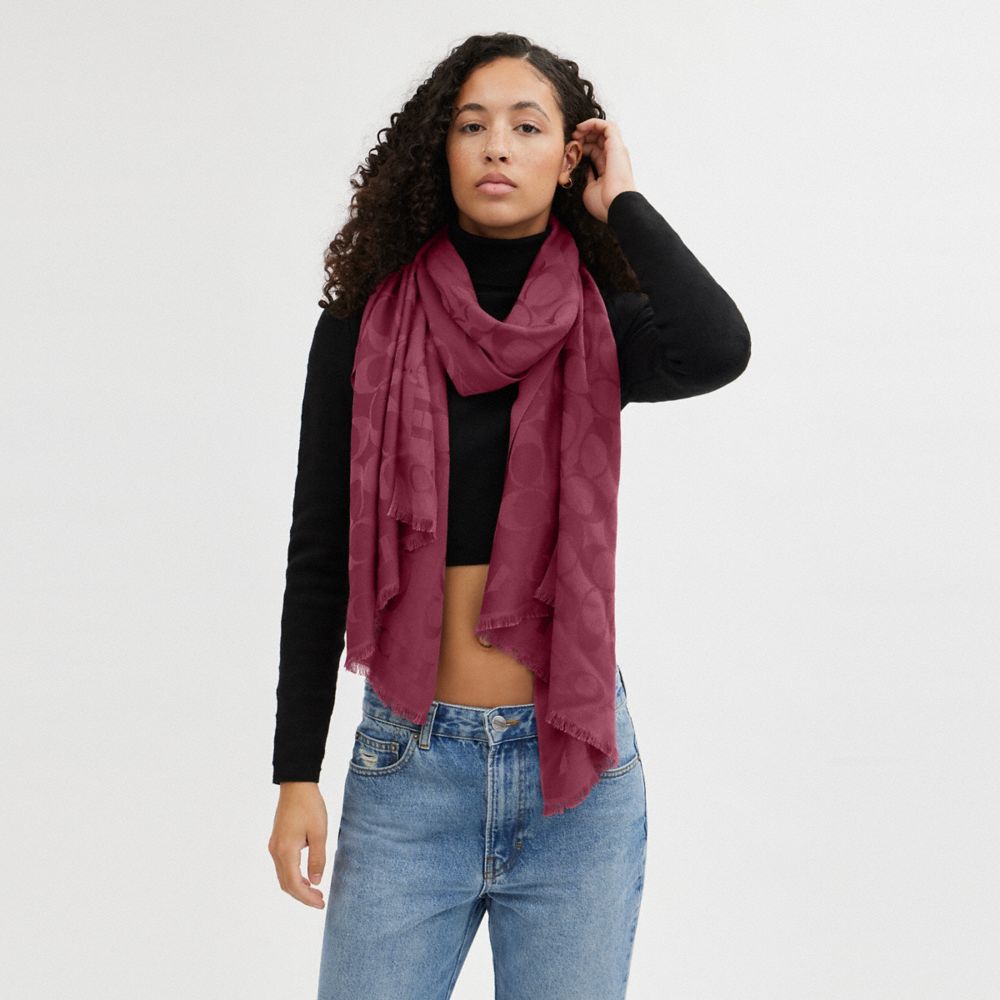 COACH®,Signature Stole,Cotton,Silk,Rectangle,Frayed,Casual,Fuchsia,Detail View