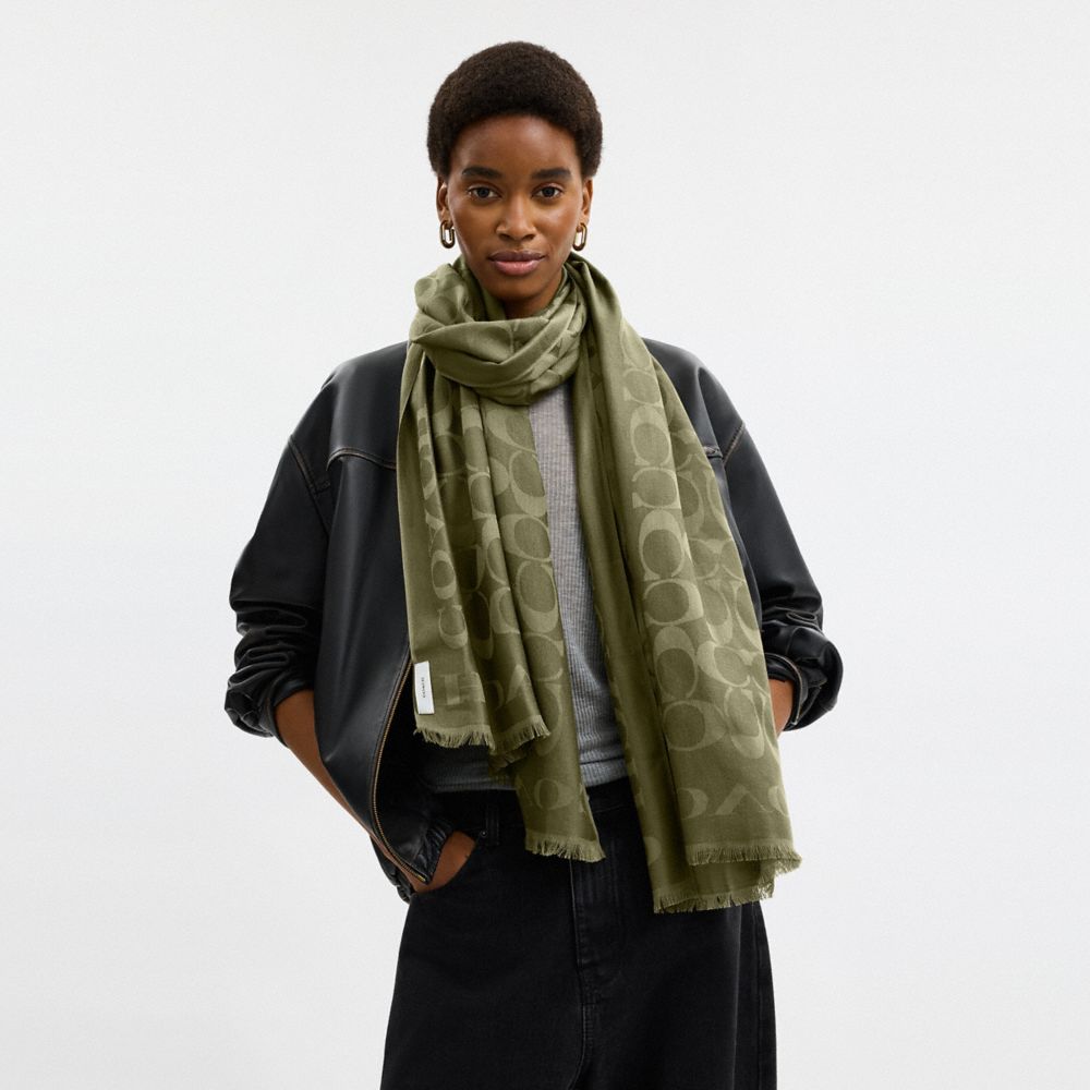 COACH®,Signature Stole,Cotton,Silk,Rectangle,Frayed,Casual,Olive,Detail View