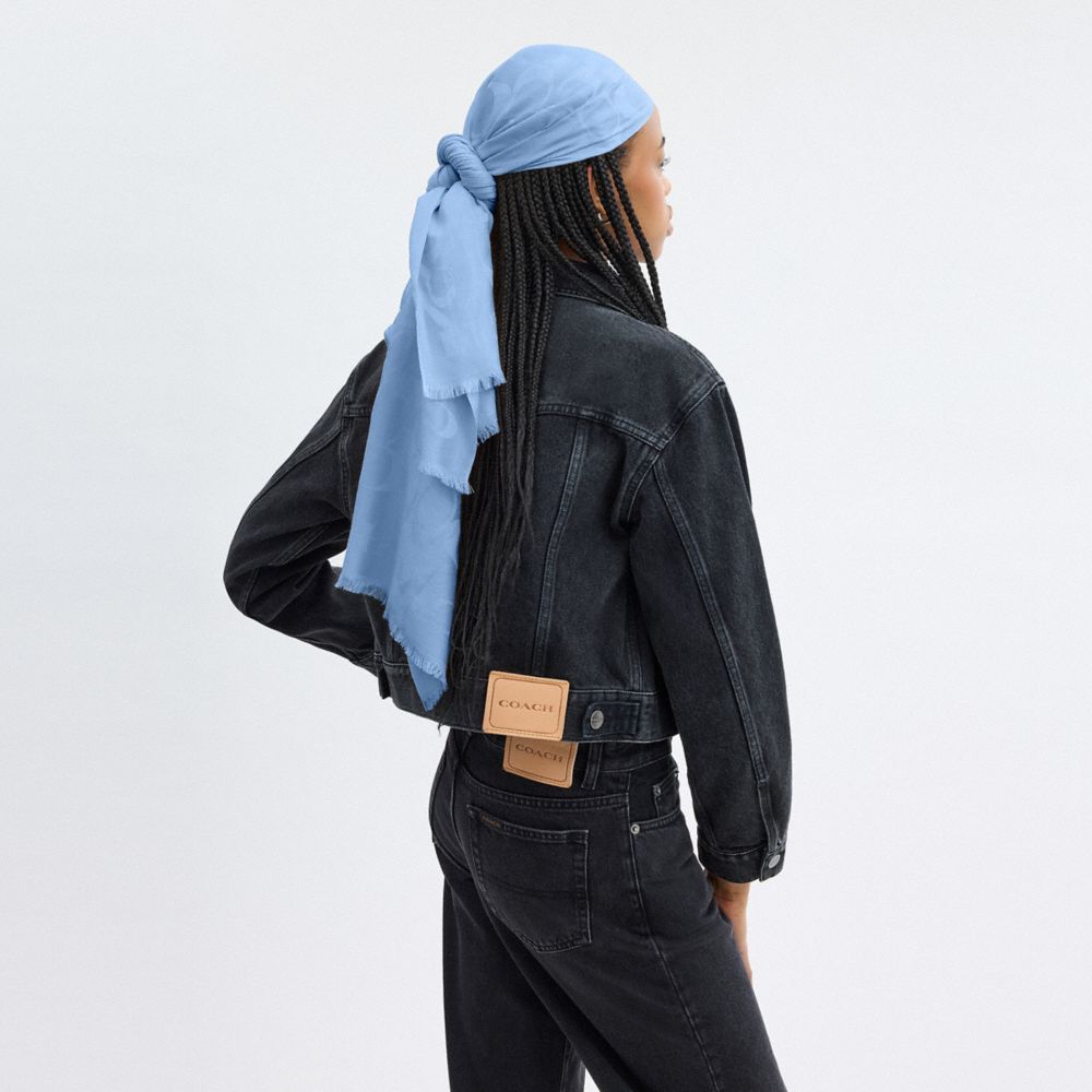 COACH®,Signature Stole,Silk,Cotton,Rectangle,Frayed,Casual,Blue,Detail View