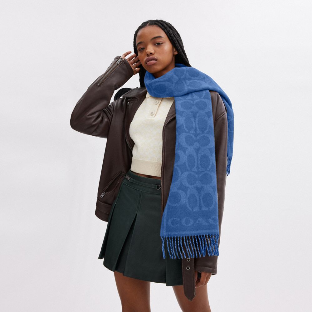 COACH®,Reversible Signature Cashmere Muffler,Cashmere,Rectangle,Logo,Fringe,Reversible,Casual,Blue,Detail View