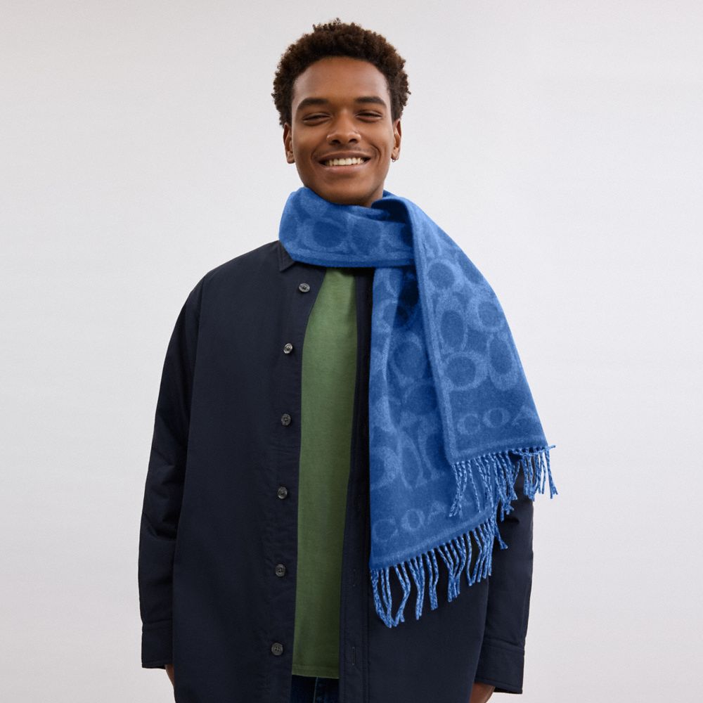 COACH®,Reversible Signature Cashmere Muffler,Cashmere,Rectangle,Logo,Fringe,Reversible,Casual,Blue,Angle View