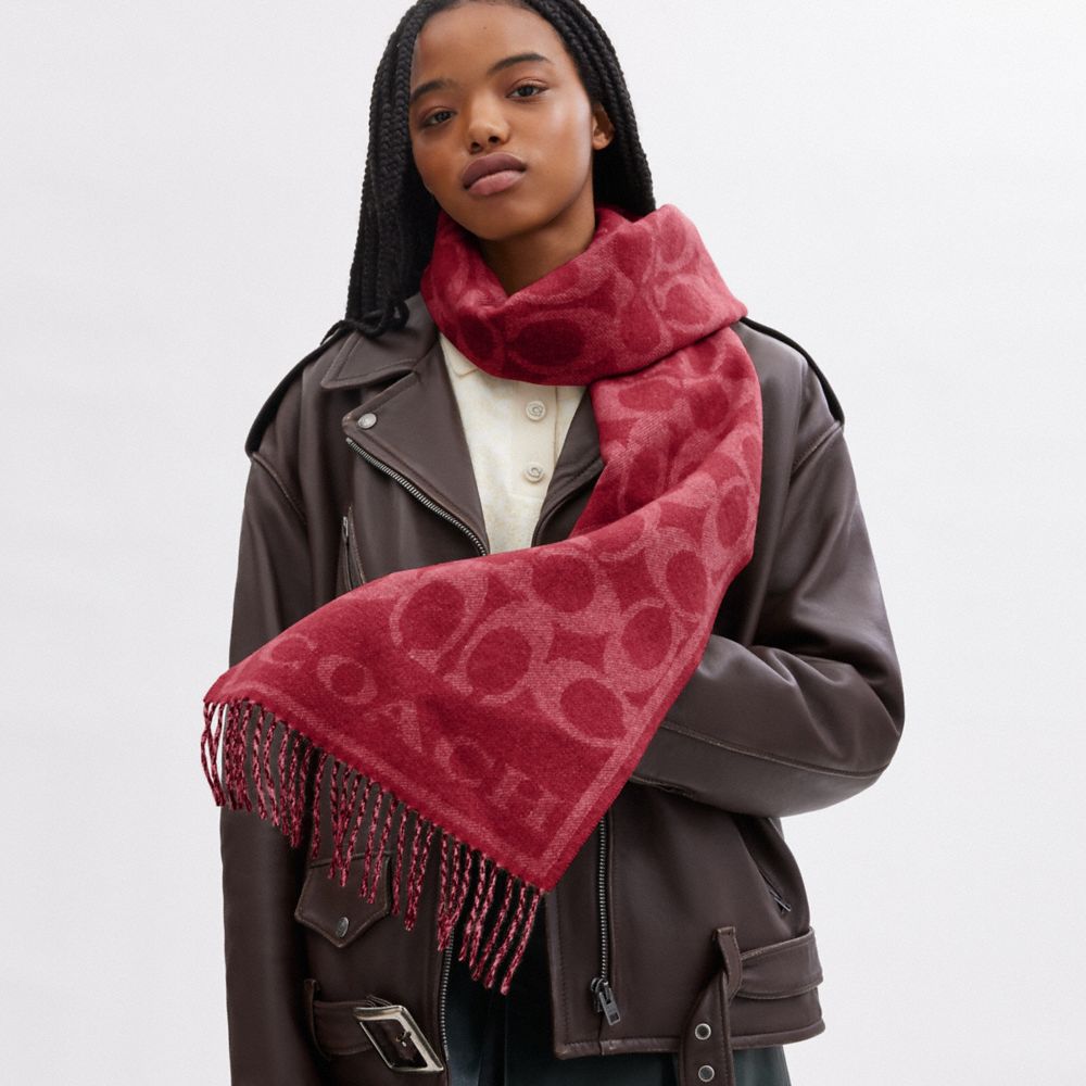 COACH®,Reversible Signature Cashmere Muffler,Cashmere,Rectangle,Fringe,Logo,Reversible,Casual,Red,Detail View