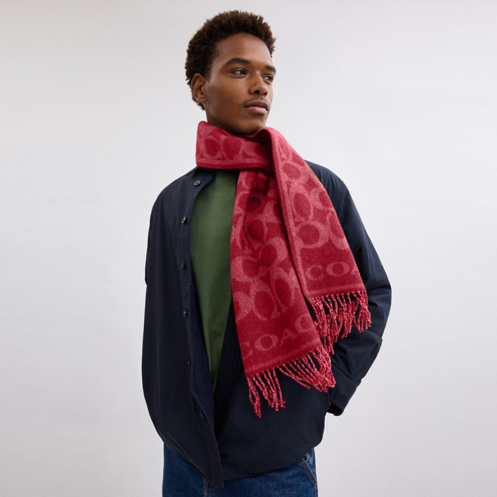 COACH®,Reversible Signature Cashmere Muffler,Cashmere,Rectangle,Fringe,Logo,Reversible,Casual,Red,Angle View