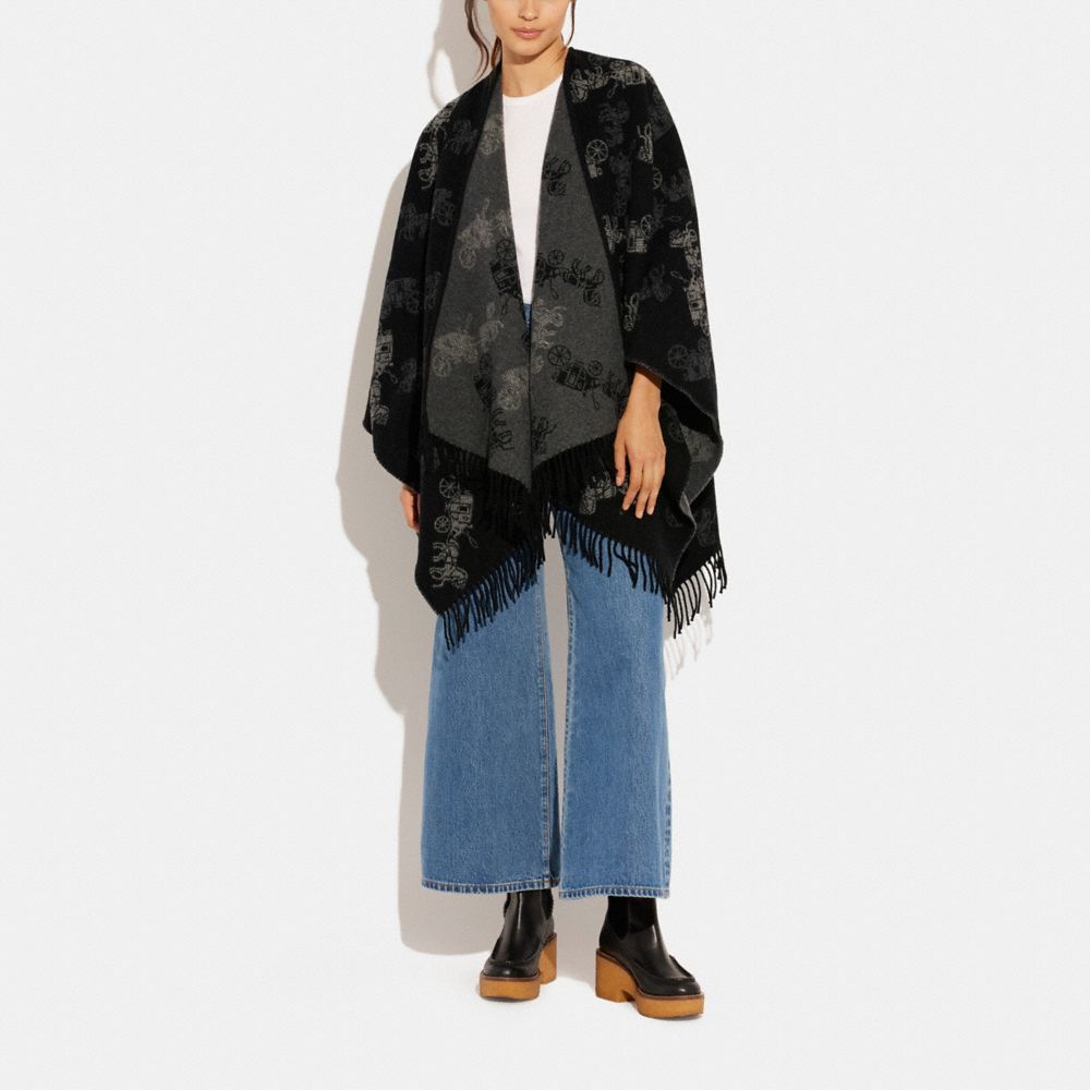 COACH®,Reversible Horse And Carriage Poncho,Wool,Cape,Fringe,Reversible,Casual,Multi Color,Detail View