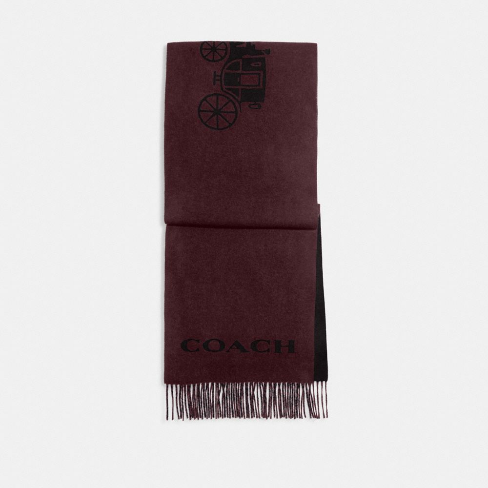 COACH®,FOULARD EN CACHEMIRE CHEVAL ET CHARIOT,Rouge vin/Noir,Front View