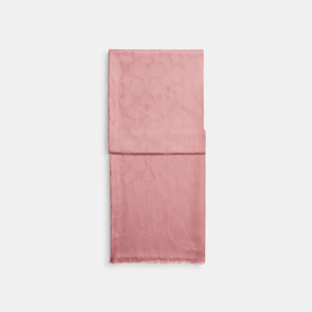 COACH®,Signature Wrap,Silk,Wool Blend,Rectangle,Frayed,Logo,Work,Pink,Front View