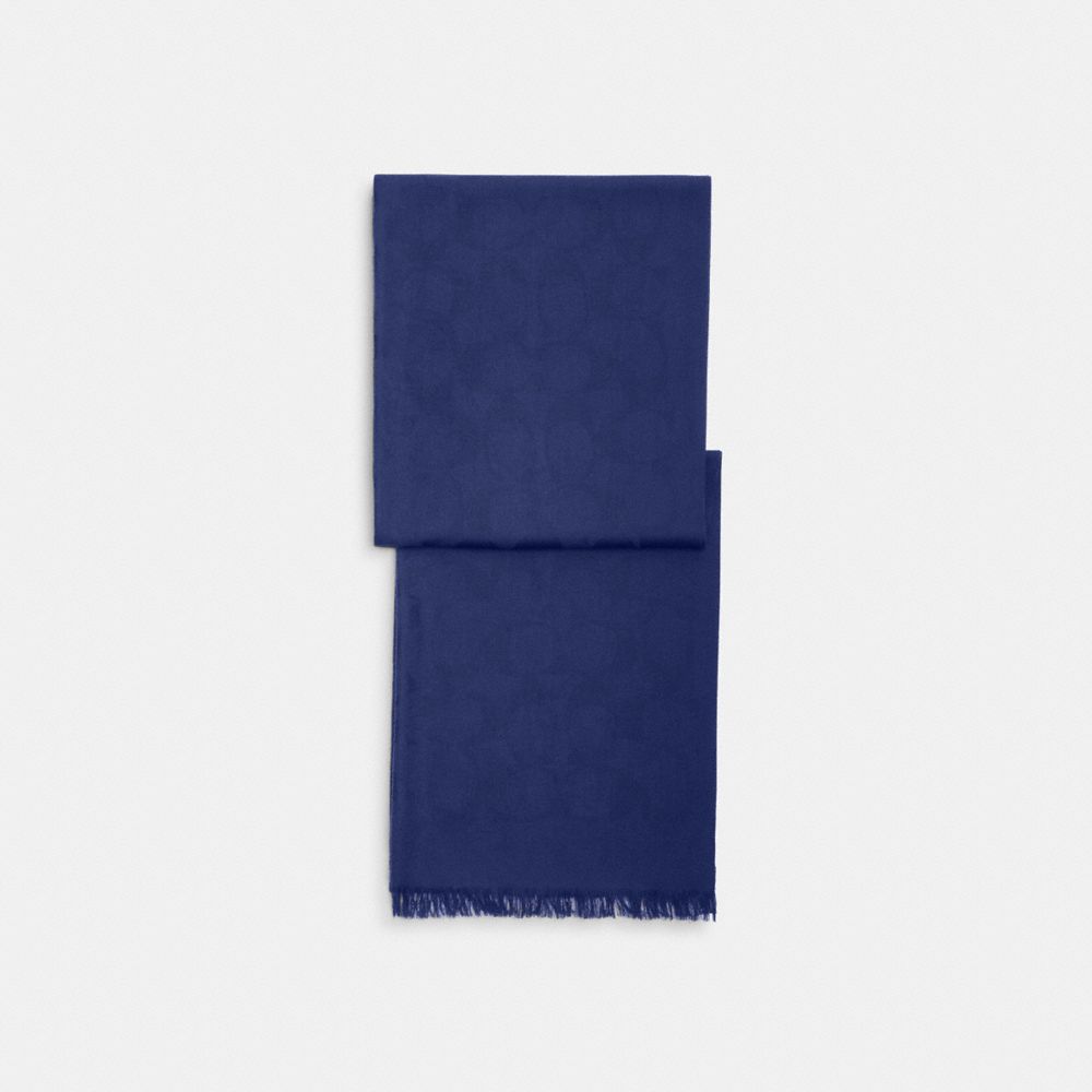 COACH®,Signature Wrap,Silk,Wool Blend,Rectangle,Frayed,Logo,Work,Navy,Front View