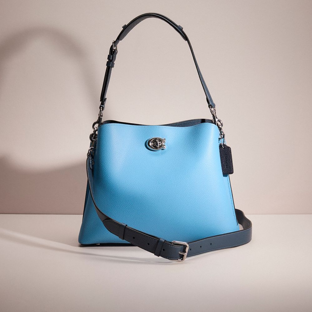 COACH®,Restored Willow Shoulder Bag In Colorblock,Leather,Bucket,Logo,Casual,Blue,Front View