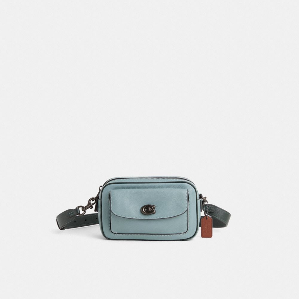 COACH®,Restored Willow Camera Bag In Colorblock,Leather,Crossbody,Embossed,Logo,Metal,Brass,Casual,Blue,Front View