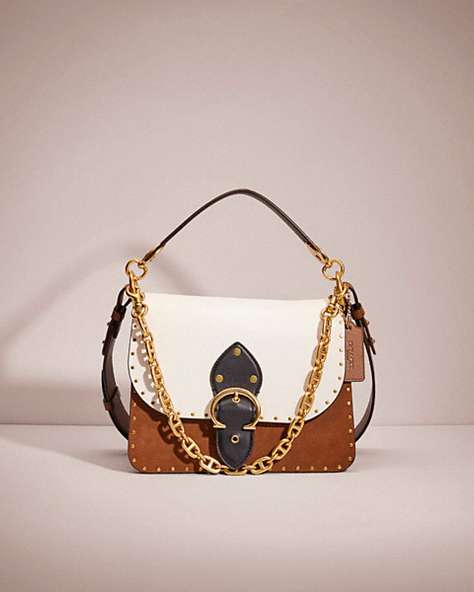 COACH®,RESTORED BEAT SHOULDER BAG IN COLORBLOCK WITH RIVETS,Glovetanned Leather,Small,Brass/Vintage Khaki Multi,Front View