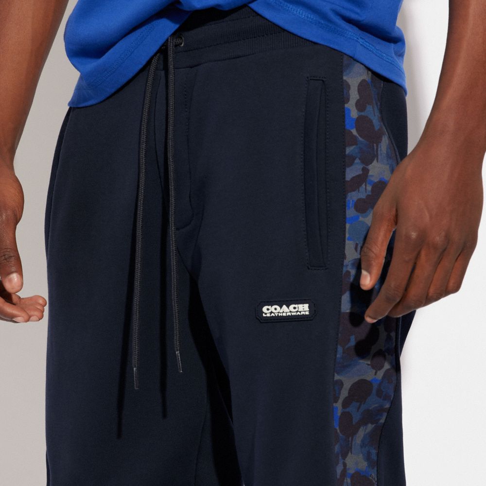 COACH®,Camo Printed Joggers,Cotton,Organic Cotton,Cotton Blend,Sweatpant,Jogger,Drawstring,Pattern,Casual,Navy,Detail View