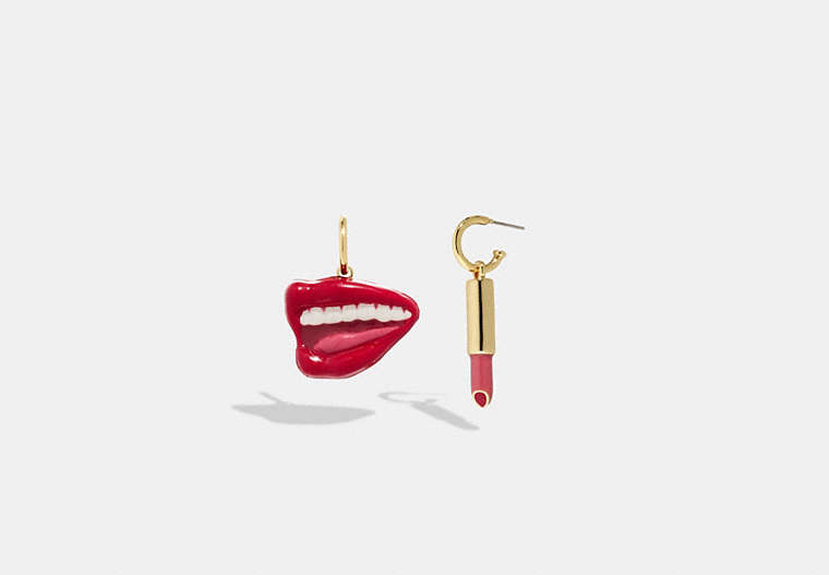 COACH®,COACH X TOM WESSELMANN LIPS AND LIPSTICK HUGGIE EARRINGS,Plated Brass,Red/Gold,Front View