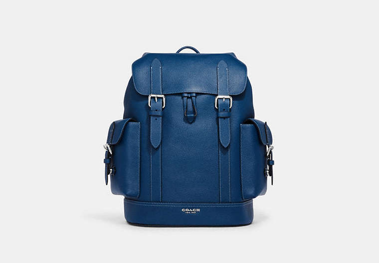 COACH®,HUDSON BACKPACK,Natural Pebble Leather,Large,Everyday,True Blue/Silver,Front View
