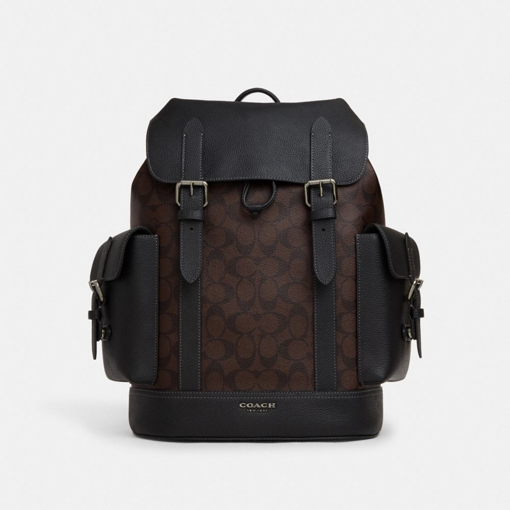 COACH®,HUDSON BACKPACK IN SIGNATURE CANVAS,Signature Canvas,Office,Gunmetal/Mahogany,Front View