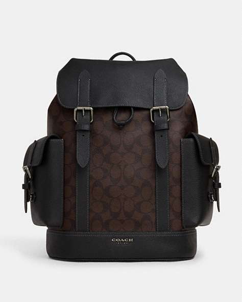 COACH®,HUDSON BACKPACK IN SIGNATURE CANVAS,Signature Coated Canvas,Large,Office,Gunmetal/Mahogany,Front View