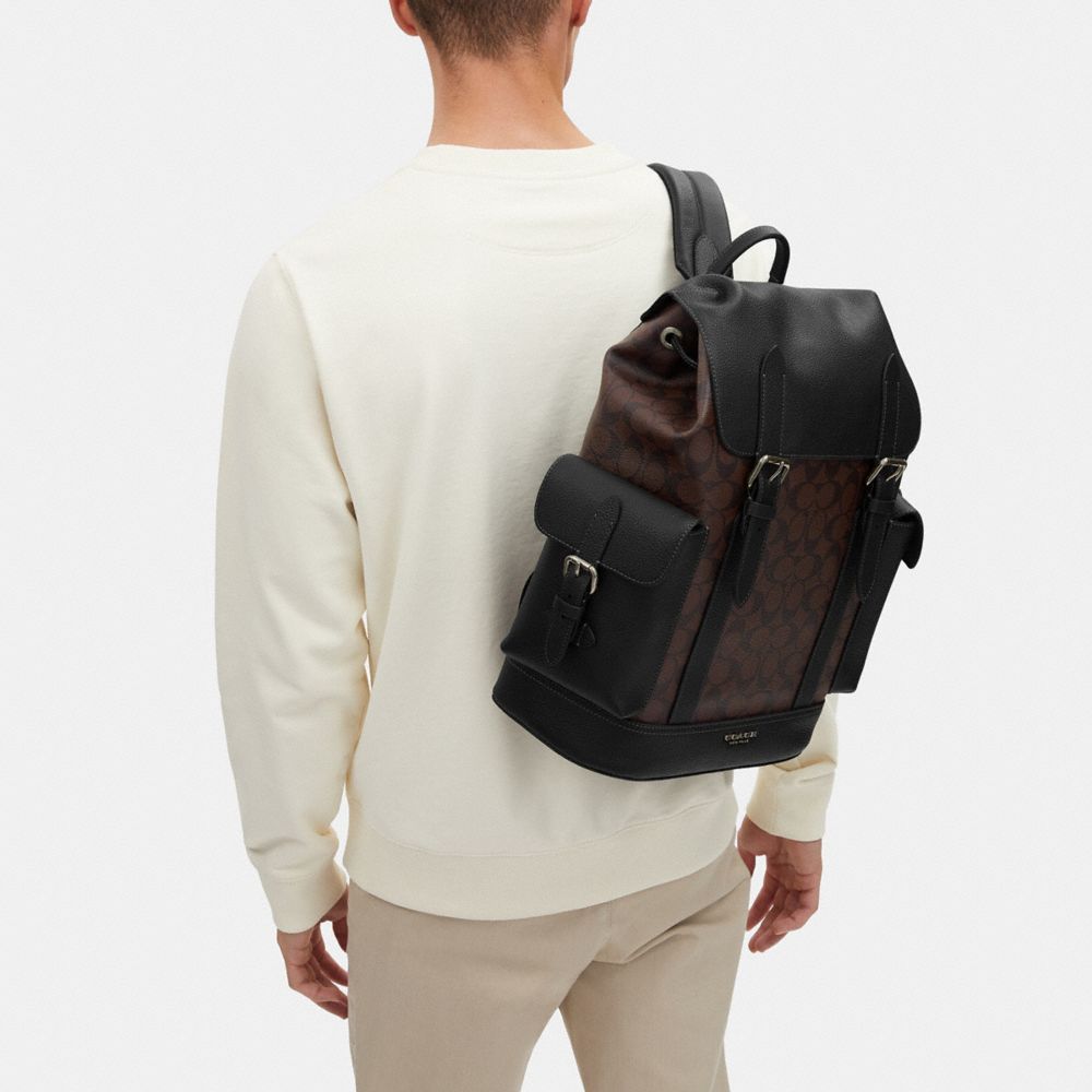 COACH®,Hudson Backpack In Signature Canvas,Canvas,Leather,Backpack,Color Block,Logo,Gunmetal,Casual,Multi Color,Detail View