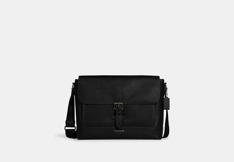 COACH®,HUDSON MESSENGER BAG,Natural Pebble Leather,Large,Gunmetal/Black,Front View