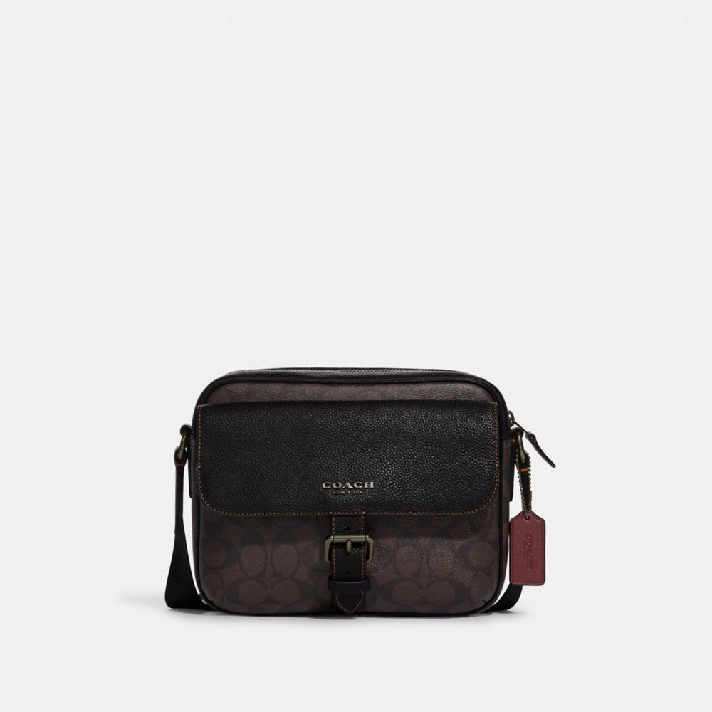 COACH®,HUDSON CROSSBODY BAG IN SIGNATURE CANVAS,Signature Canvas,Medium,Gunmetal/Mahogany/Black,Front View